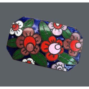 Cloisonné Floral Pin Art Deco Hexagonal Scarf Lapel Hat Vintage JS8124